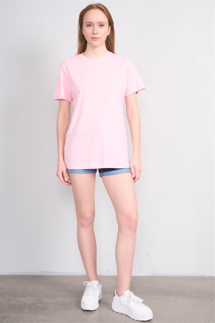 Çetinkaya Fithit 3264 Bayan Bisiklet Yaka 30/1 Penye Regular Basic T-shirt Açık Pembe