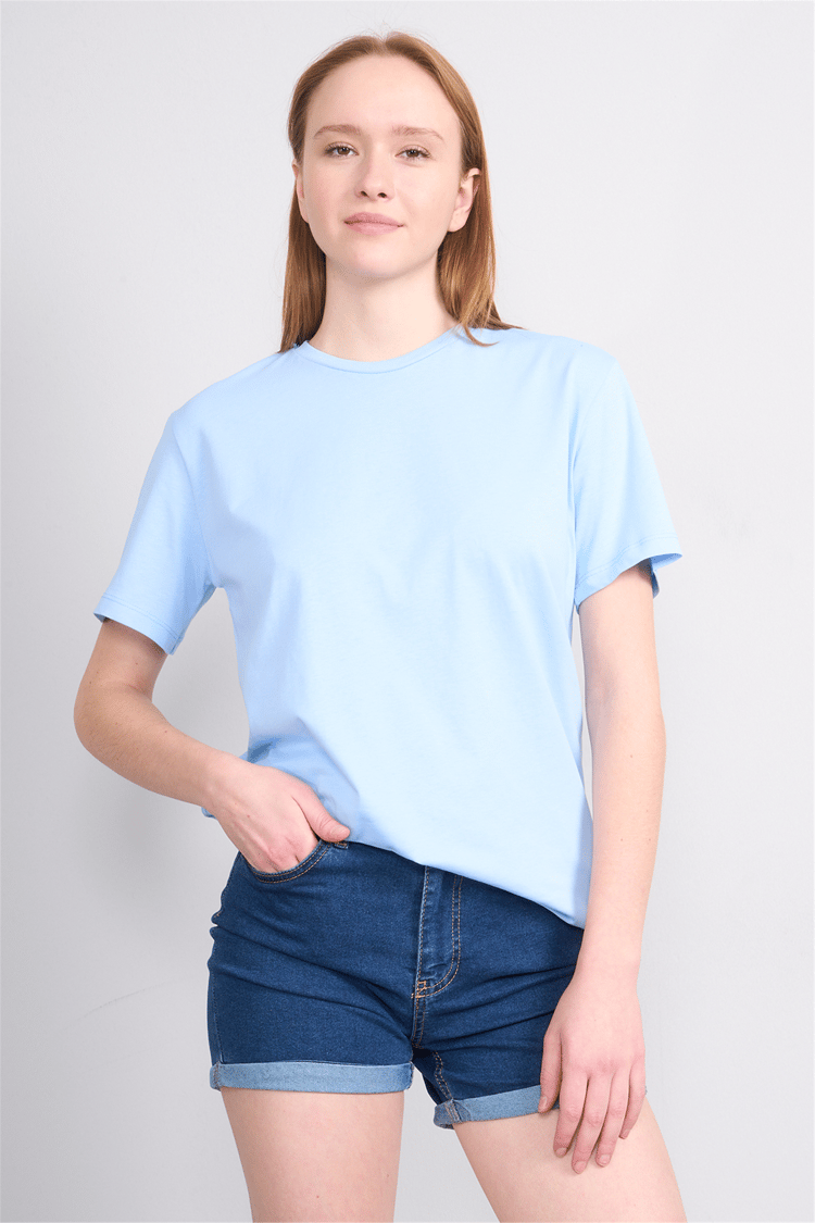 Çetinkaya Fithit 3264 Bayan Bisiklet Yaka 30/1 Penye Regular Basic T-shirt Bebe Mavi