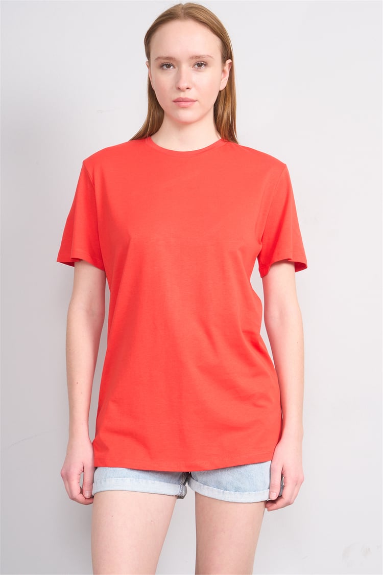 Çetinkaya Fithit 3264 Bayan Bisiklet Yaka 30/1 Penye Regular Basic T-shirt Nar Çiçeği