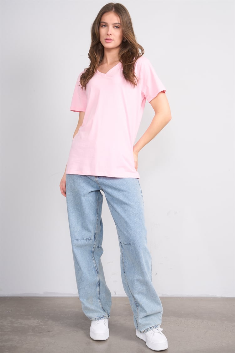 Çetinkaya Fithit 3265 Bayan V Yaka 30/1 Penye Regular Basic T-shirt Açık Pembe