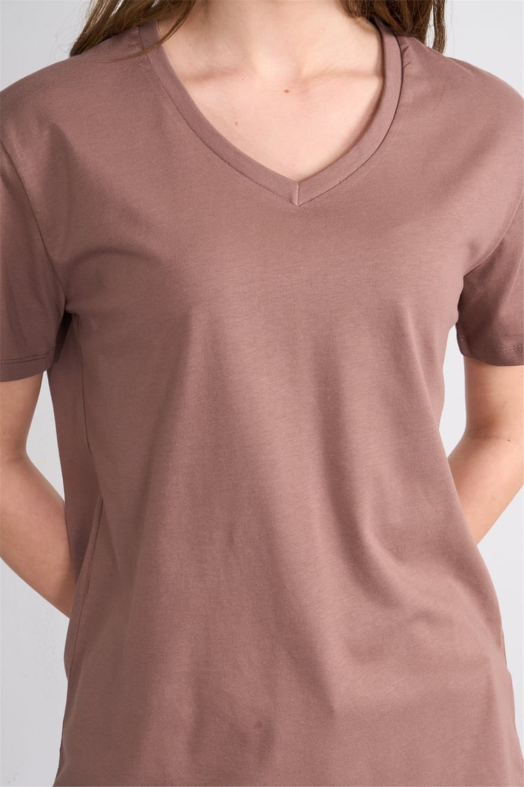 Çetinkaya Fithit 3265 Bayan V Yaka 30/1 Penye Regular Basic T-shirt Kakao