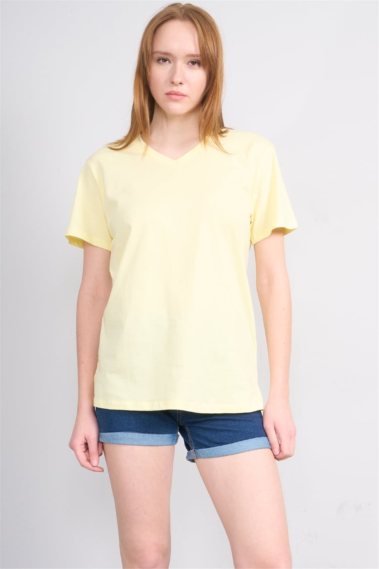 Çetinkaya Fithit 3265 Bayan V Yaka 30/1 Penye Regular Basic T-shirt Uçuk Sarı