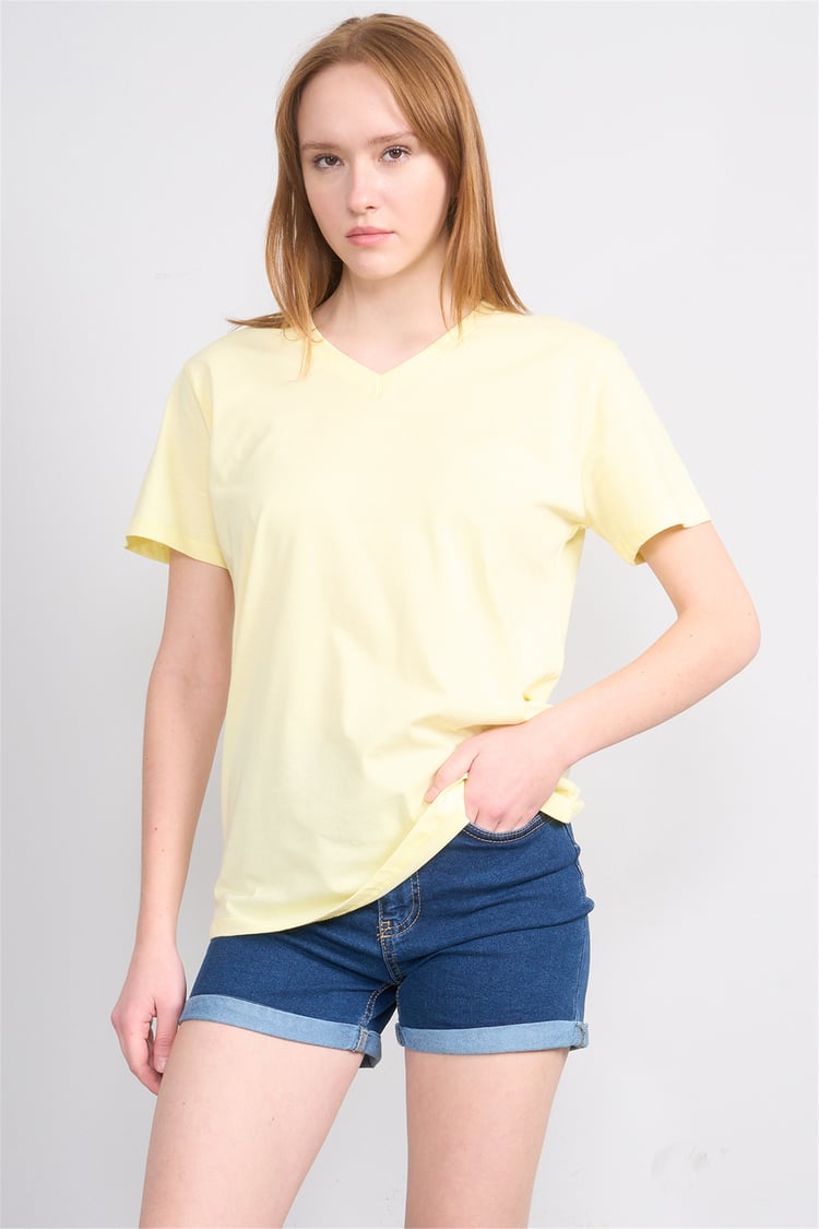 Çetinkaya Fithit 3265 Bayan V Yaka 30/1 Penye Regular Basic T-shirt Uçuk Sarı