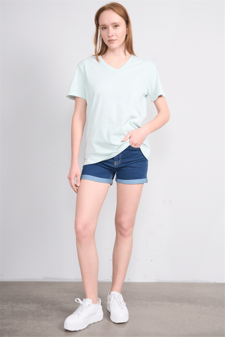 Çetinkaya Fithit 3265 Bayan V Yaka 30/1 Penye Regular Basic T-shirt Çağla