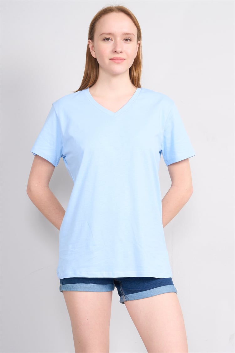 Çetinkaya Fithit 3265 Bayan V Yaka 30/1 Penye Regular Basic T-shirt Bebe Mavi