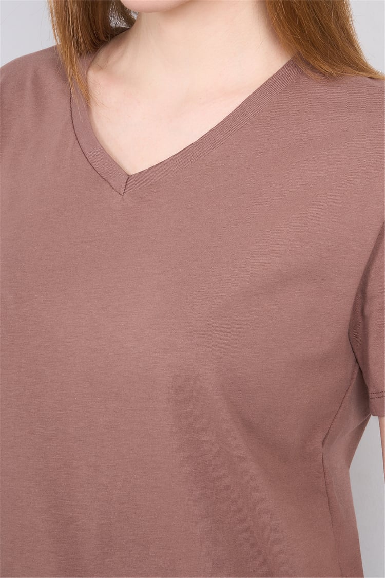Çetinkaya Fithit 3265 Bayan V Yaka 30/1 Penye Regular Basic T-shirt Kakao