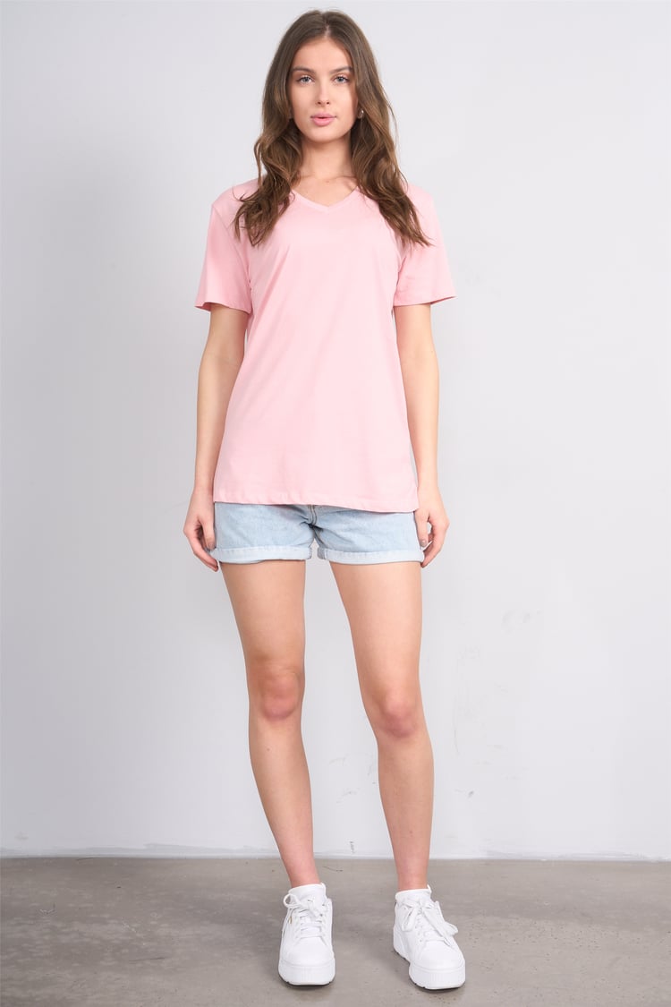 Çetinkaya Fithit 3265 Bayan V Yaka 30/1 Penye Regular Basic T-shirt Pudra