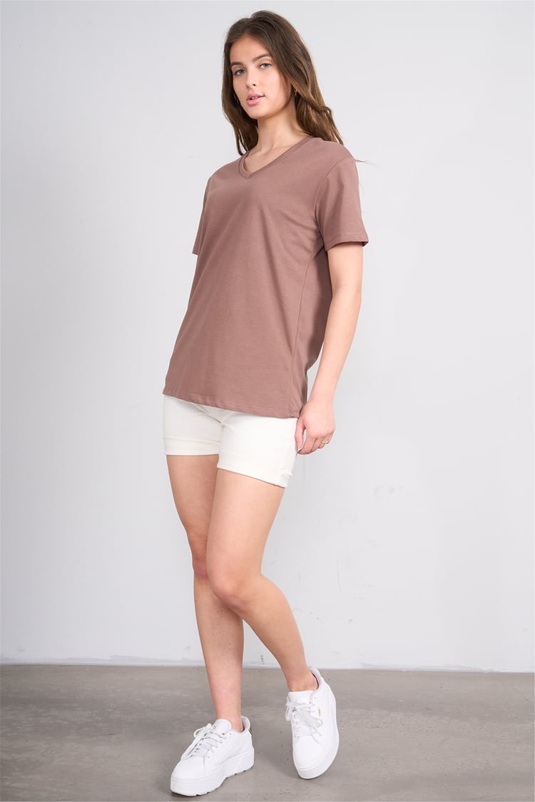 Çetinkaya Fithit 3265 Bayan V Yaka 30/1 Penye Regular Basic T-shirt Kakao