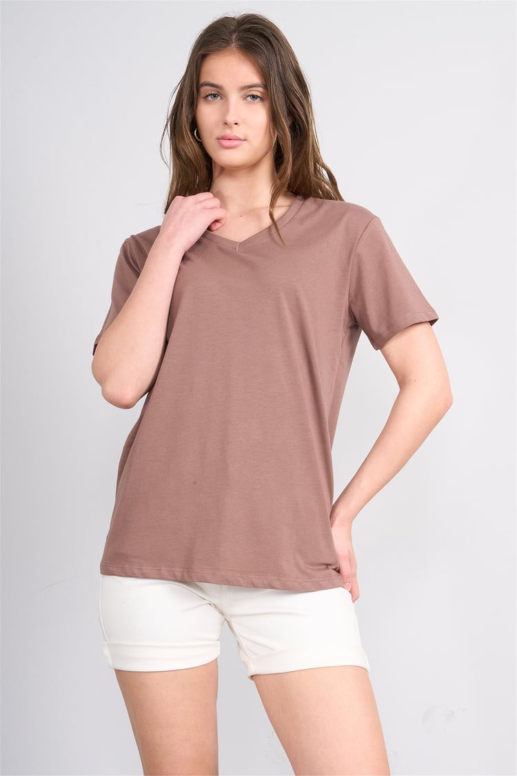 Çetinkaya Fithit 3265 Bayan V Yaka 30/1 Penye Regular Basic T-shirt Kakao