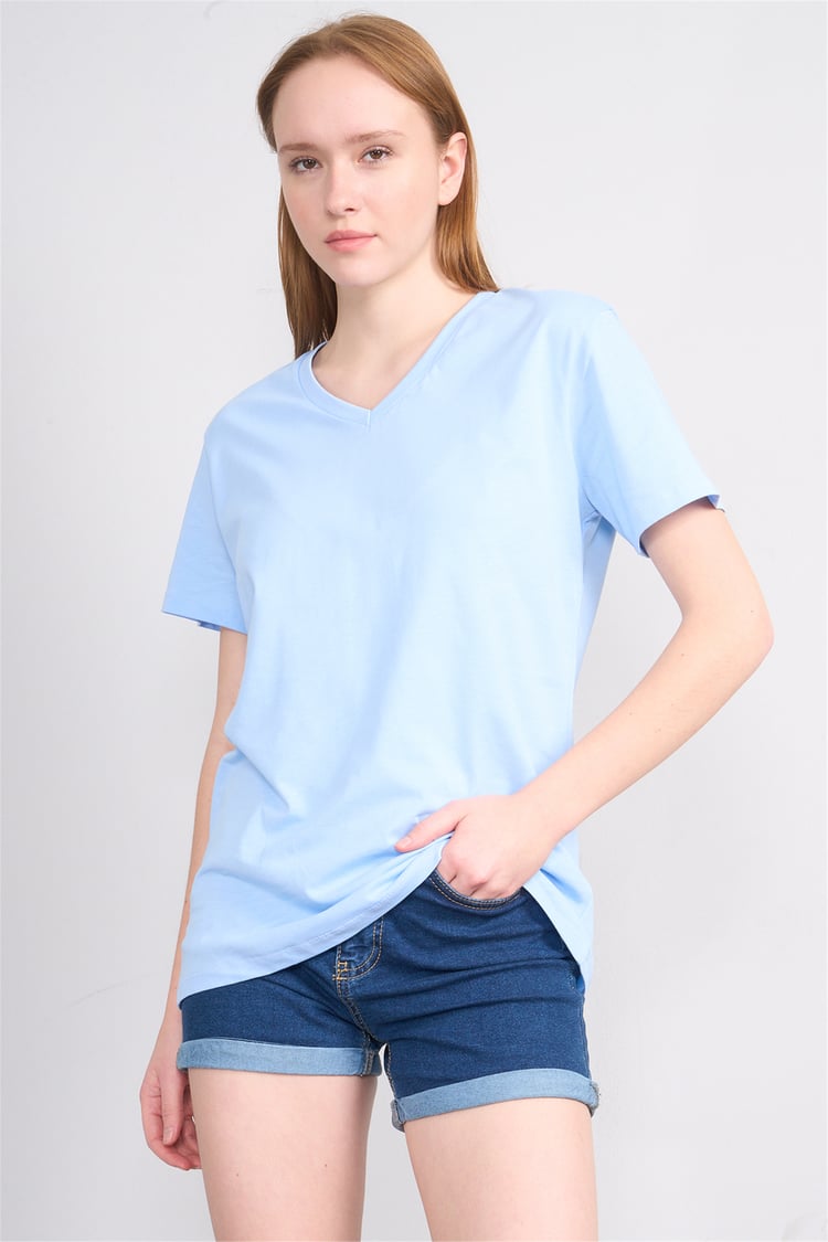 Çetinkaya Fithit 3265 Bayan V Yaka 30/1 Penye Regular Basic T-shirt Bebe Mavi