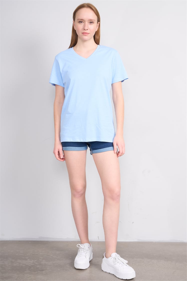 Çetinkaya Fithit 3265 Bayan V Yaka 30/1 Penye Regular Basic T-shirt Bebe Mavi
