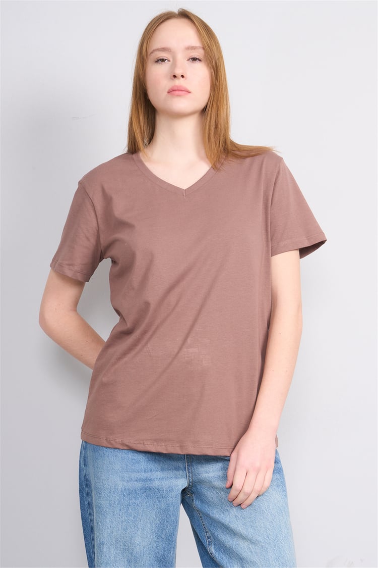 Çetinkaya Fithit 3265 Bayan V Yaka 30/1 Penye Regular Basic T-shirt Kakao