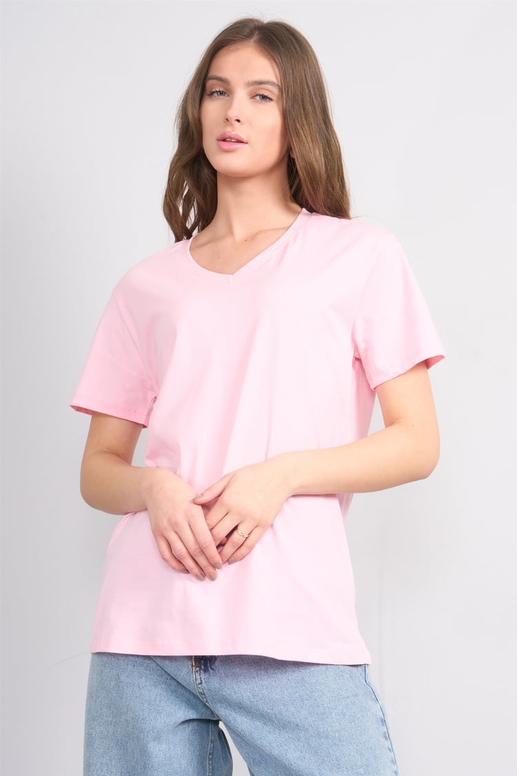 Çetinkaya Fithit 3265 Bayan V Yaka 30/1 Penye Regular Basic T-shirt Açık Pembe