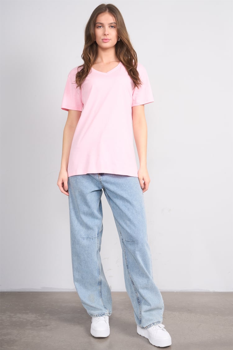 Çetinkaya Fithit 3265 Bayan V Yaka 30/1 Penye Regular Basic T-shirt Açık Pembe