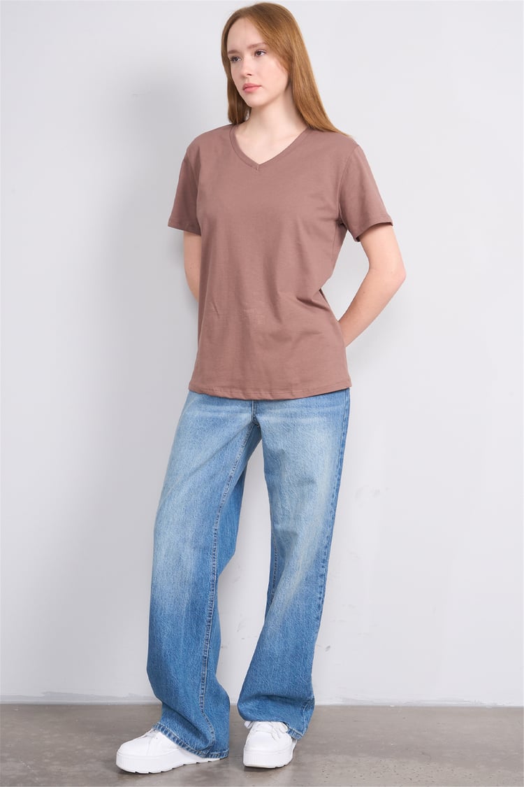 Çetinkaya Fithit 3265 Bayan V Yaka 30/1 Penye Regular Basic T-shirt Kakao