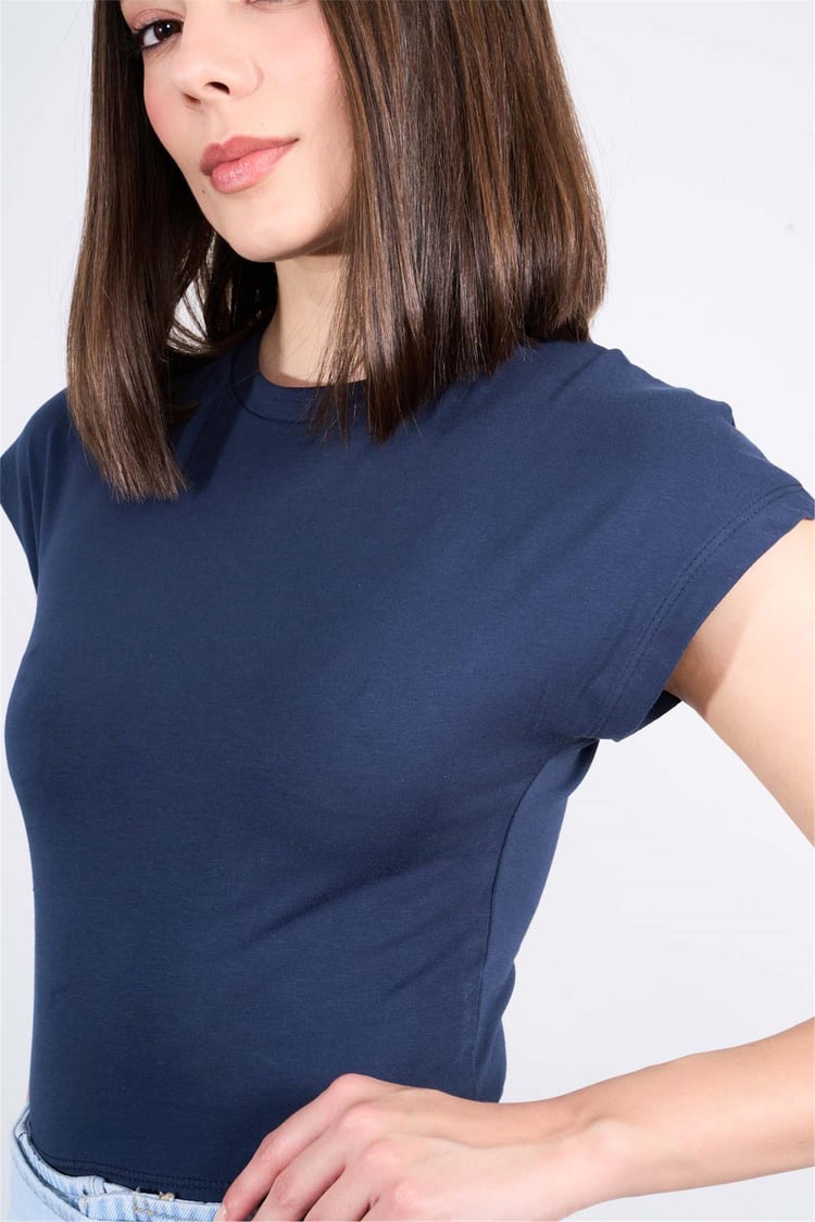 Çetinkaya Fithit 3266A Bayan Bisiklet Yaka 30/1 Likralı Süprem Crop T-shirt Lacivert