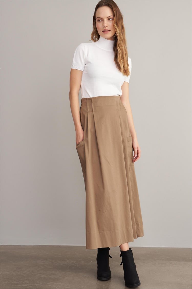 Çetinkaya Fithit 4749 Kadın Cepli Gabardin Uzun Etek Camel