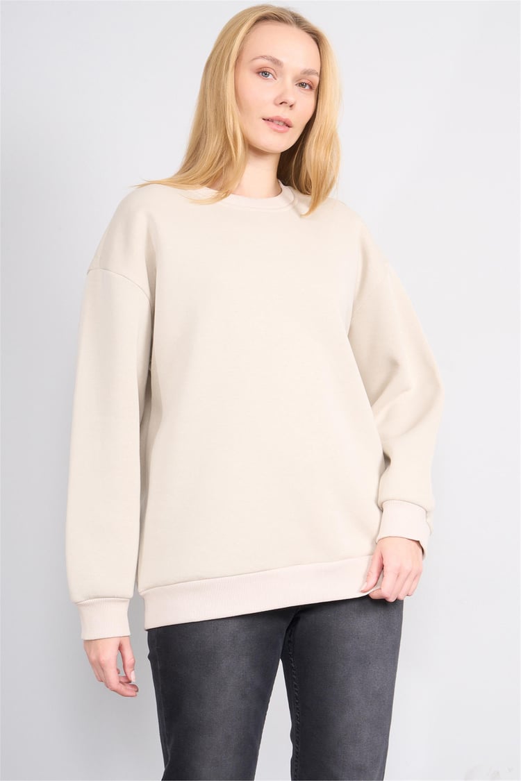 Çetinkaya Fithit 8128 Kadın Bisiklet Yaka 3 İplik Şardonlu Basic Sweatshirt Vizon