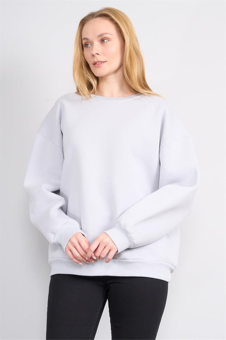 Çetinkaya Fithit 8128 Kadın Bisiklet Yaka 3 İplik Şardonlu Basic Sweatshirt Açık Gri