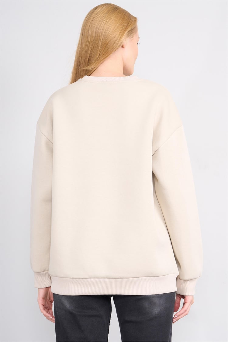 Çetinkaya Fithit 8128 Kadın Bisiklet Yaka 3 İplik Şardonlu Basic Sweatshirt Vizon