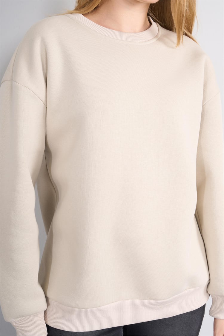 Çetinkaya Fithit 8128 Kadın Bisiklet Yaka 3 İplik Şardonlu Basic Sweatshirt Vizon