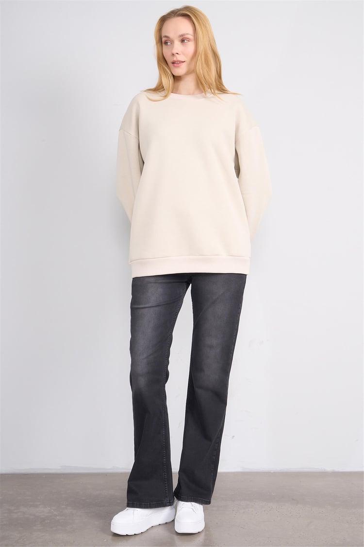 Çetinkaya Fithit 8128 Kadın Bisiklet Yaka 3 İplik Şardonlu Basic Sweatshirt Vizon