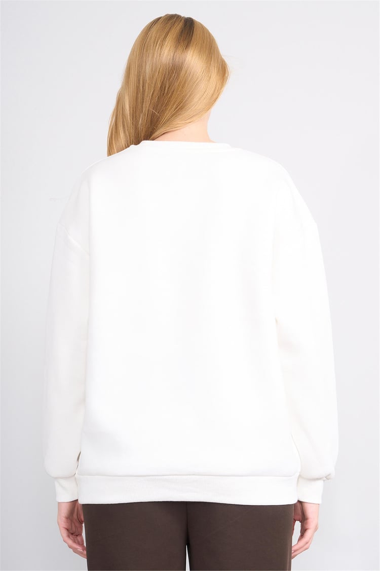 Çetinkaya Fithit 8128 Kadın Bisiklet Yaka 3 İplik Şardonlu Basic Sweatshirt Krem