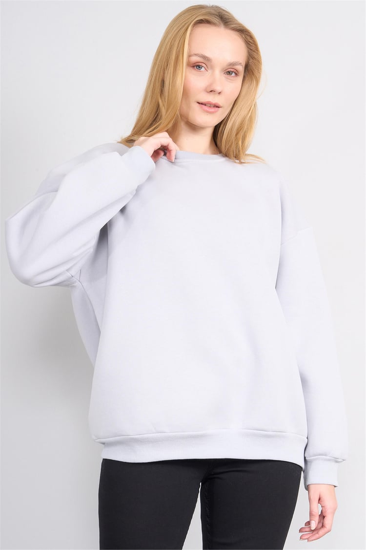 Çetinkaya Fithit 8128 Kadın Bisiklet Yaka 3 İplik Şardonlu Basic Sweatshirt Açık Gri