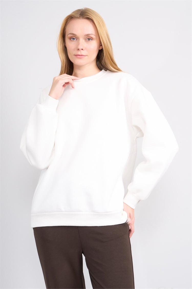 Çetinkaya Fithit 8128 Kadın Bisiklet Yaka 3 İplik Şardonlu Basic Sweatshirt Krem