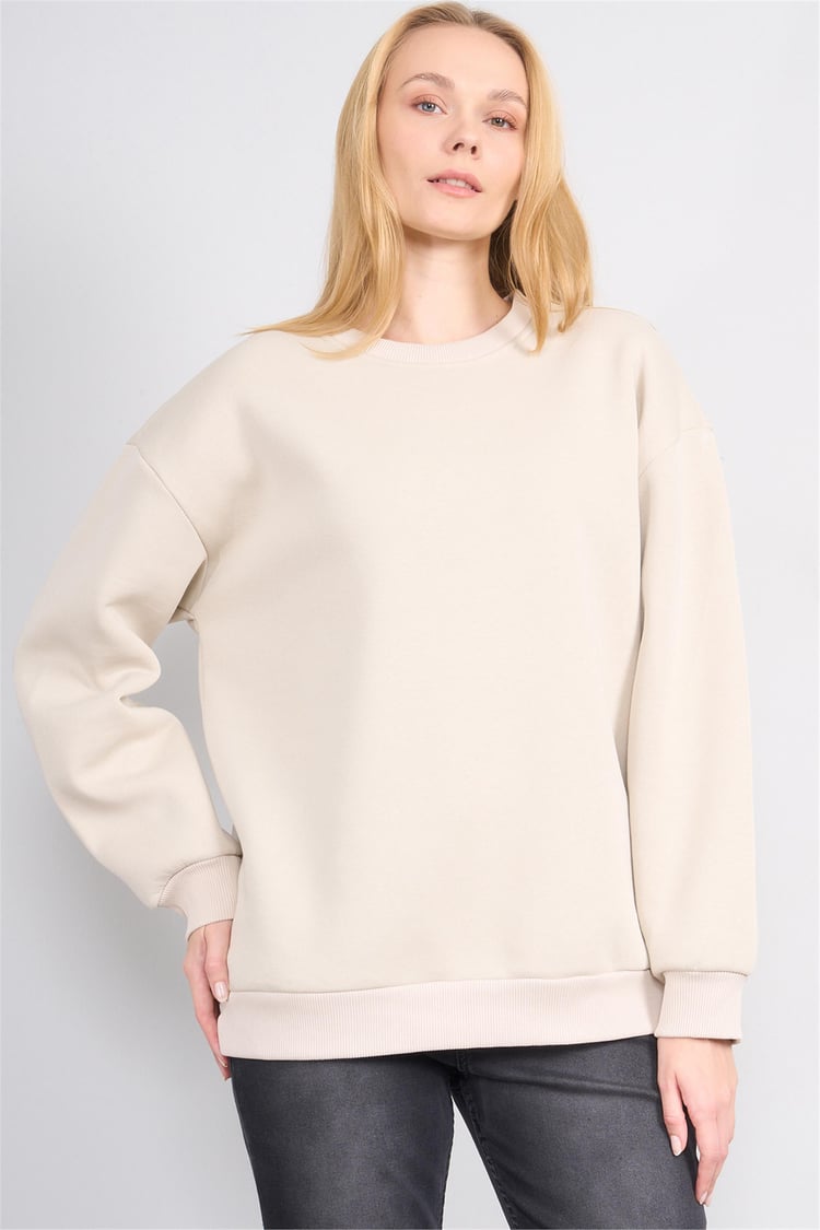 Çetinkaya Fithit 8128 Kadın Bisiklet Yaka 3 İplik Şardonlu Basic Sweatshirt Vizon