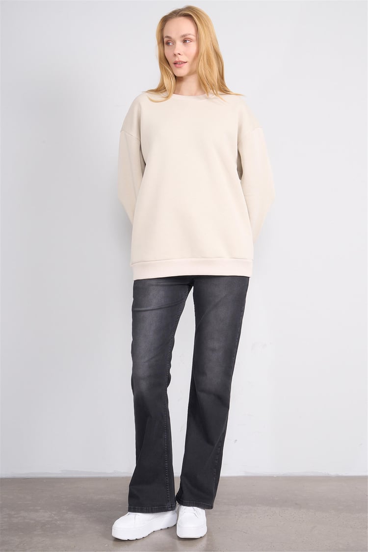 Çetinkaya Fithit 8128 Kadın Bisiklet Yaka 3 İplik Şardonlu Basic Sweatshirt Vizon