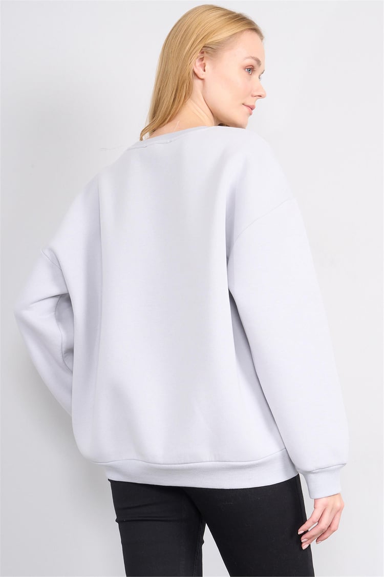 Çetinkaya Fithit 8128 Kadın Bisiklet Yaka 3 İplik Şardonlu Basic Sweatshirt Açık Gri