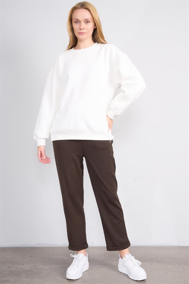 Çetinkaya Fithit 8128 Kadın Bisiklet Yaka 3 İplik Şardonlu Basic Sweatshirt Krem