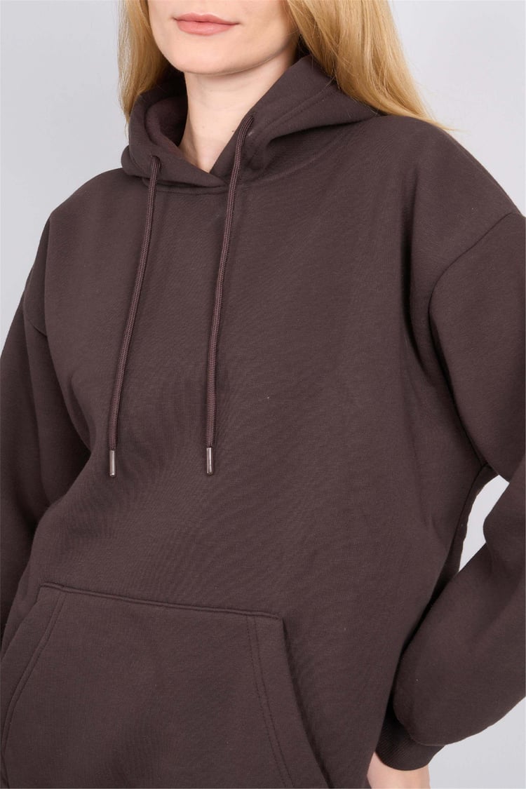 Çetinkaya Fithit 8156 Kadın Kapüşonlu 3 İplik Şardonlu Basic Sweatshirt Kahve
