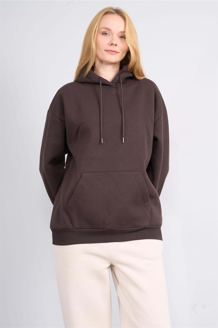 Çetinkaya Fithit 8156 Kadın Kapüşonlu 3 İplik Şardonlu Basic Sweatshirt Kahve
