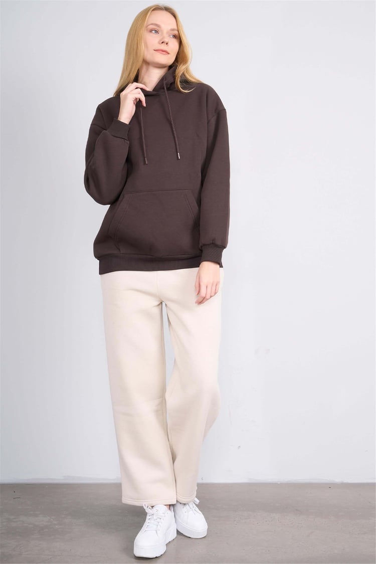 Çetinkaya Fithit 8156 Kadın Kapüşonlu 3 İplik Şardonlu Basic Sweatshirt Kahve