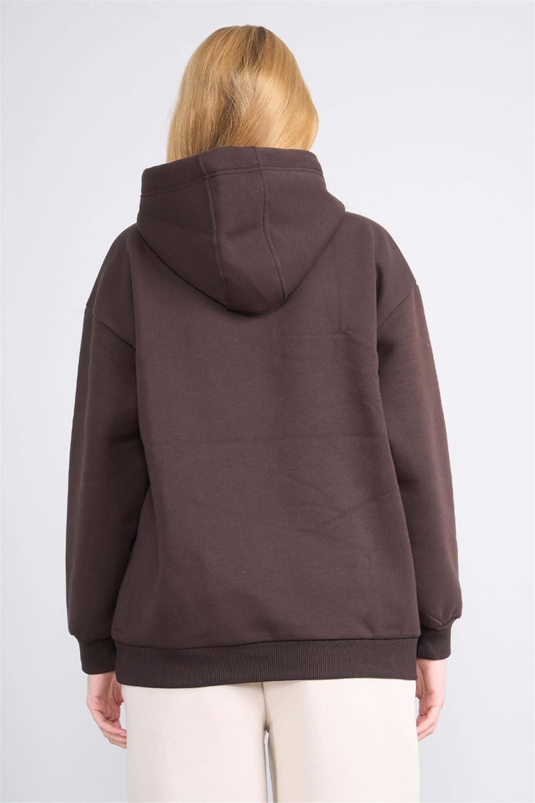 Çetinkaya Fithit 8156 Kadın Kapüşonlu 3 İplik Şardonlu Basic Sweatshirt Kahve