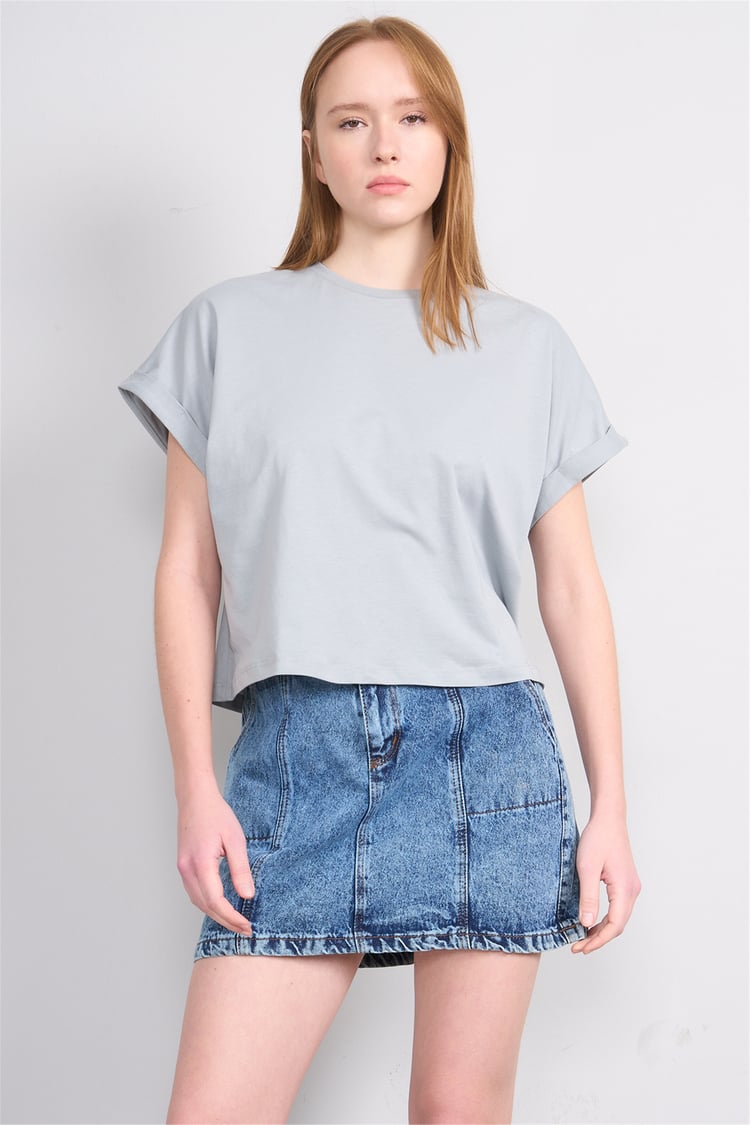 Çetinkaya Fithit 8382 Bayan Bisiklet Yaka 30/1 Penye Oversize T-shirt Açık Gri