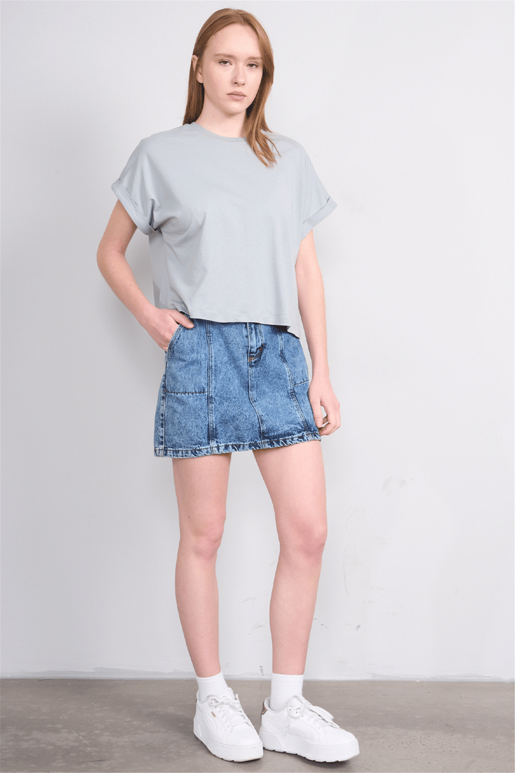 Çetinkaya Fithit 8382 Bayan Bisiklet Yaka 30/1 Penye Oversize T-shirt Açık Gri