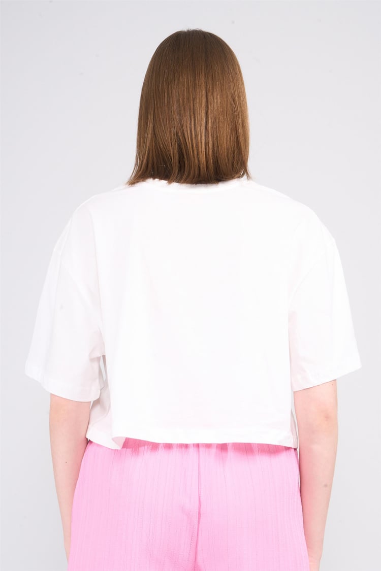 Çetinkaya Fithit 8385 Bayan Bisiklet Yaka 30/1 Penye Baskılı Oversize T-shirt Krem