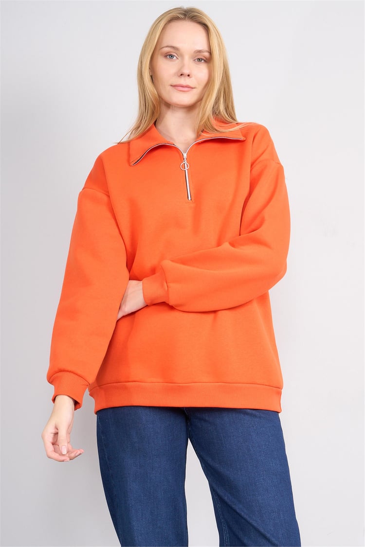 Çetinkaya Fithit 8393 Kadın Fermuarlı Dik Yaka 3 İplik Sweatshirt Oranj