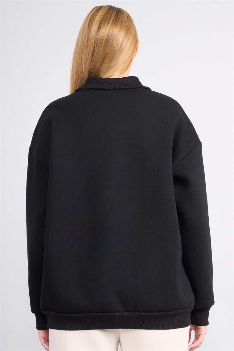 Çetinkaya Fithit 8393 Kadın Fermuarlı Dik Yaka 3 İplik Sweatshirt Siyah