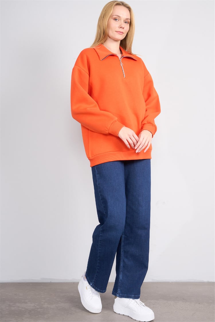 Çetinkaya Fithit 8393 Kadın Fermuarlı Dik Yaka 3 İplik Sweatshirt Oranj