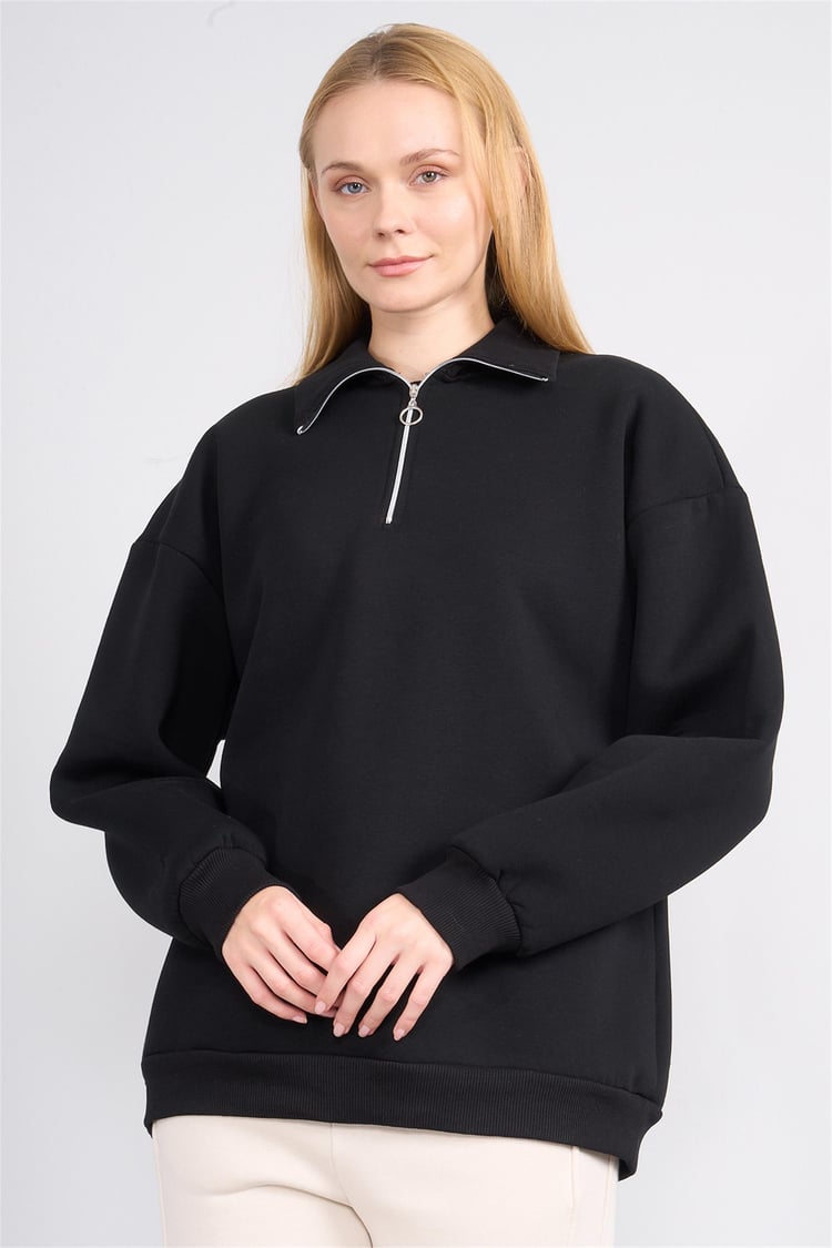 Çetinkaya Fithit 8393 Kadın Fermuarlı Dik Yaka 3 İplik Sweatshirt Siyah
