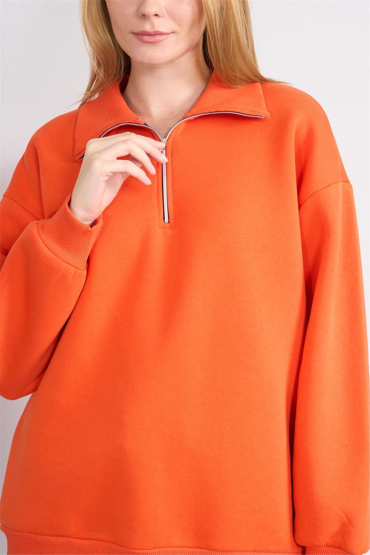 Çetinkaya Fithit 8393 Kadın Fermuarlı Dik Yaka 3 İplik Sweatshirt Oranj