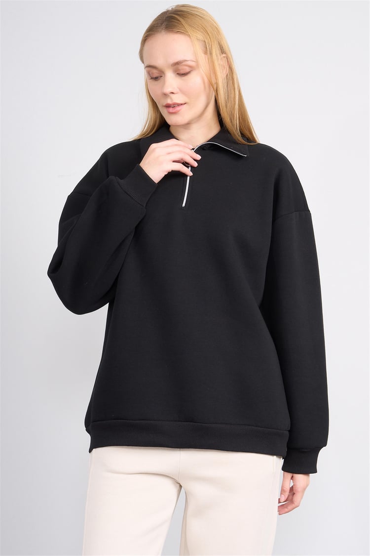 Çetinkaya Fithit 8393 Kadın Fermuarlı Dik Yaka 3 İplik Sweatshirt Siyah