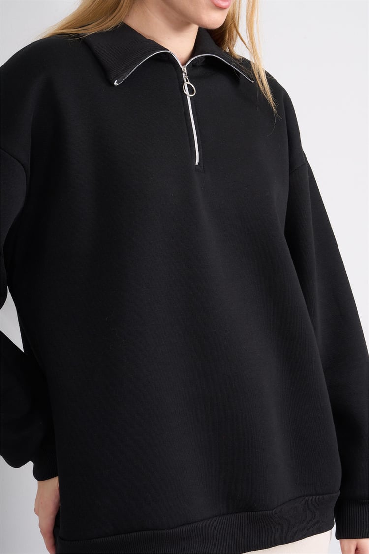 Çetinkaya Fithit 8393 Kadın Fermuarlı Dik Yaka 3 İplik Sweatshirt Siyah