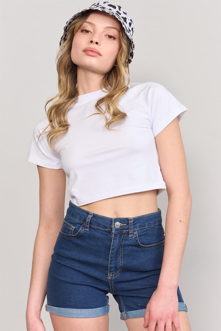 Çetinkaya Fithit 8429 Bayan Bisiklet Yaka 30/1 Compact Penye Süprem Crop T-shirt Beyaz