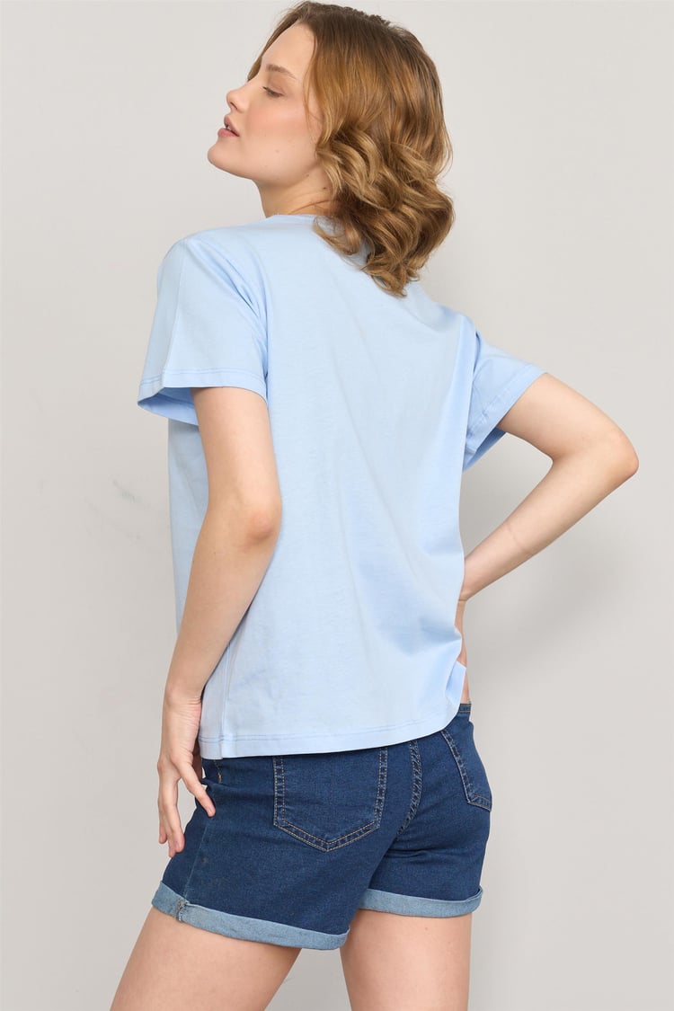 Çetinkaya Fithit 8474 Bayan Bisiklet Yaka 30/1 Compact Penye Süprem Baskılı T-shirt Açık Mavi