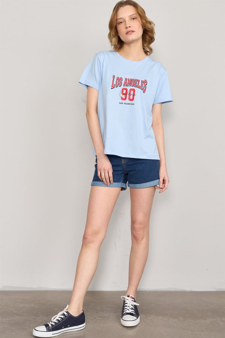 Çetinkaya Fithit 8474 Bayan Bisiklet Yaka 30/1 Compact Penye Süprem Baskılı T-shirt Açık Mavi